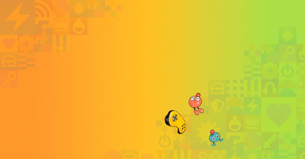 Orange floating into yellow than green background image showing a pattern texture and characters from the Tokyo Games Show key art