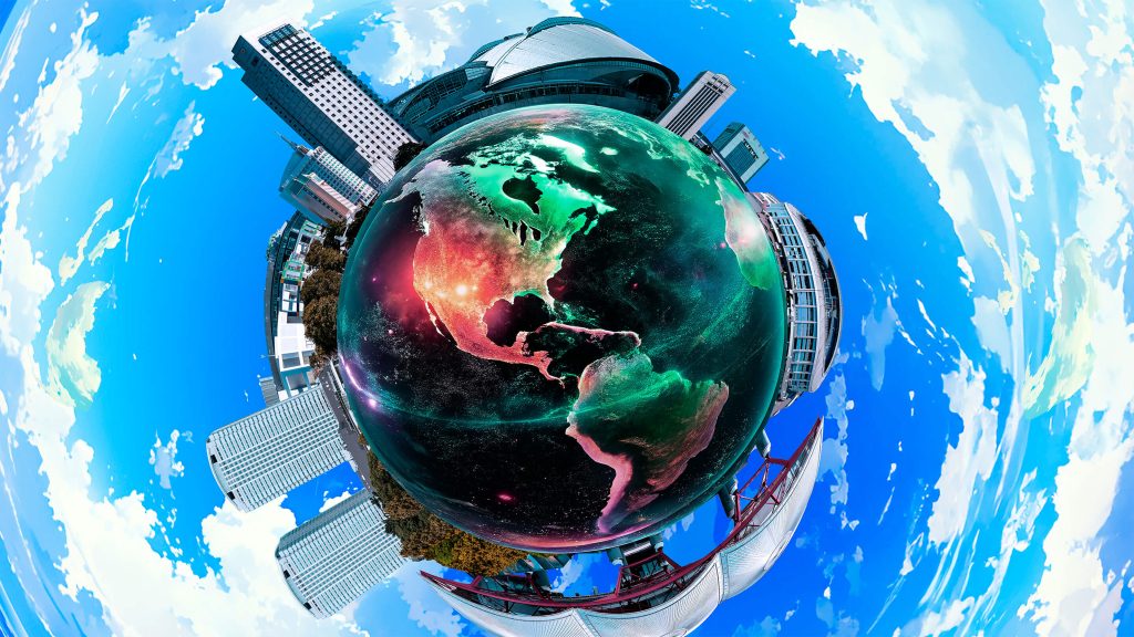 An image of Chiba City’s landmarks superimposed on a visual of planet Earth.
